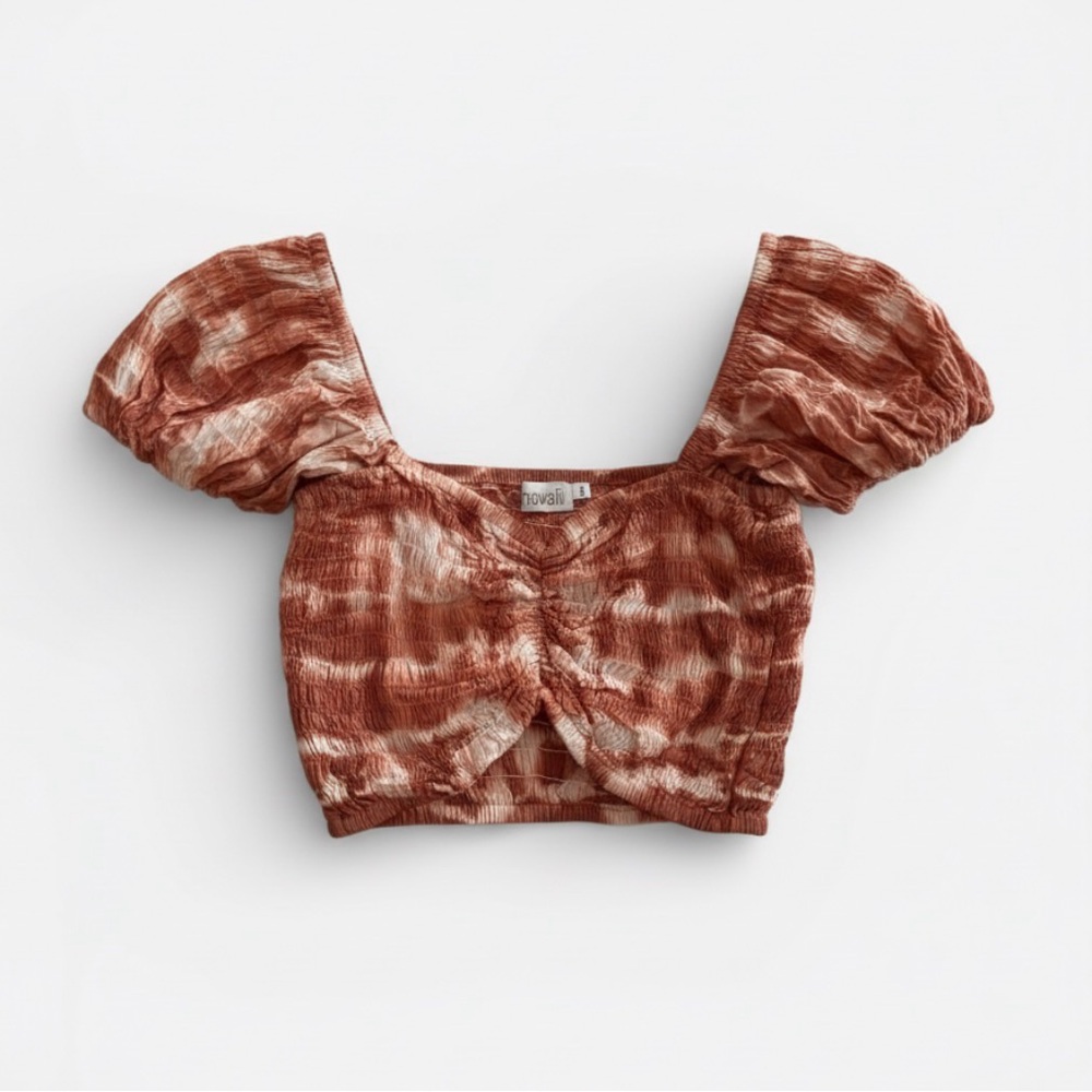 Tiare Hawaii Smocked Puff Sleeve Blouse in Orange and White